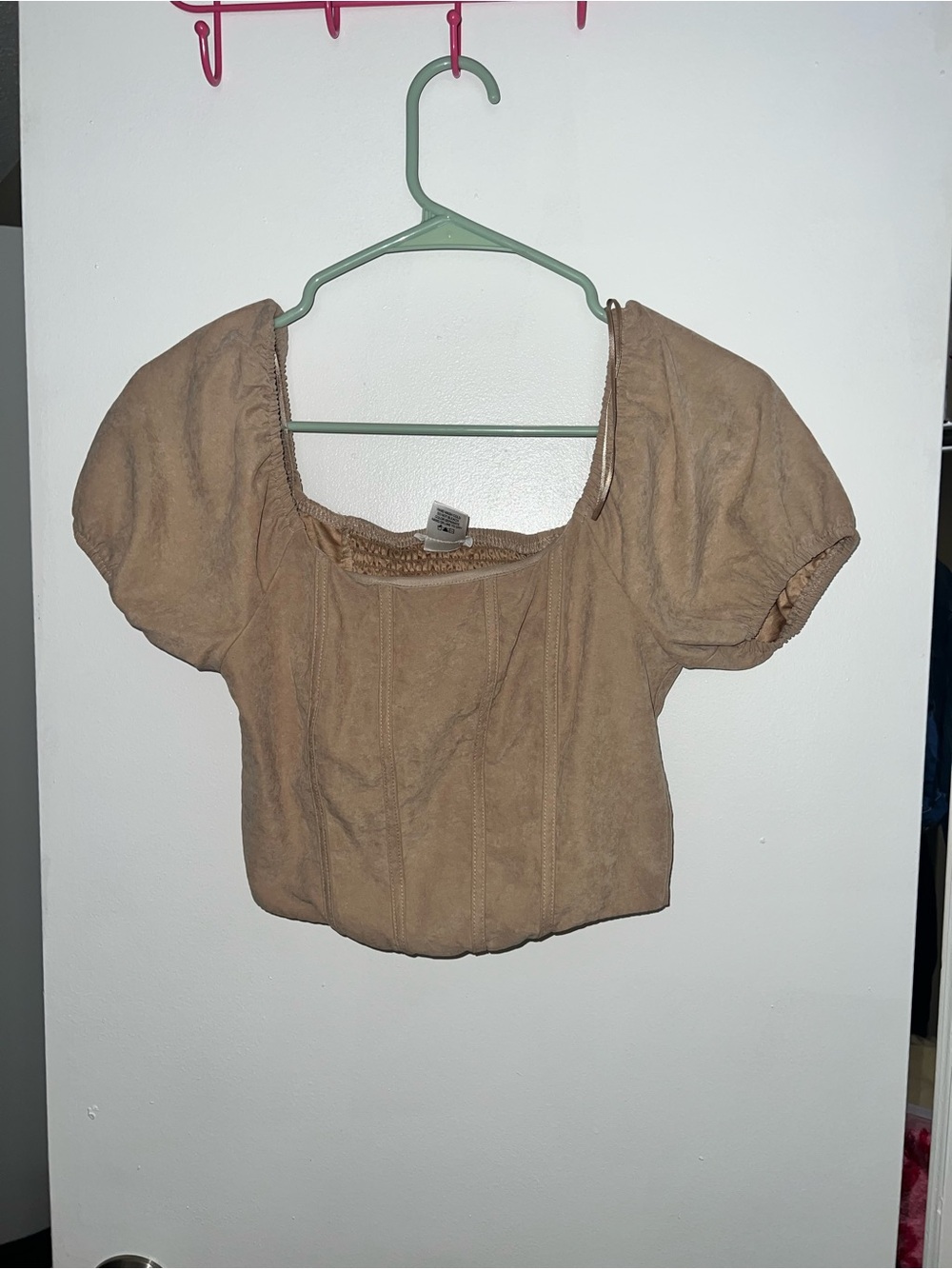 Square Neck Puff Sleeve Crop Top in Tan